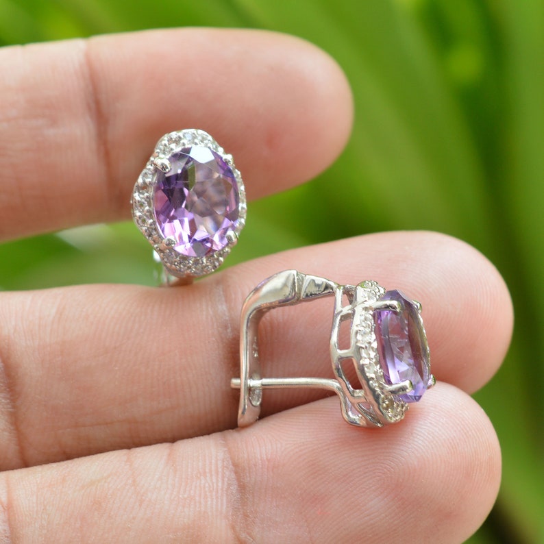 7x9mm Oval Cut Earrings White Topaz Earrings Amethyst Latch Back Earrings 925 Silver Earrings Amethyst Earrings Amethyst Stud Earrings