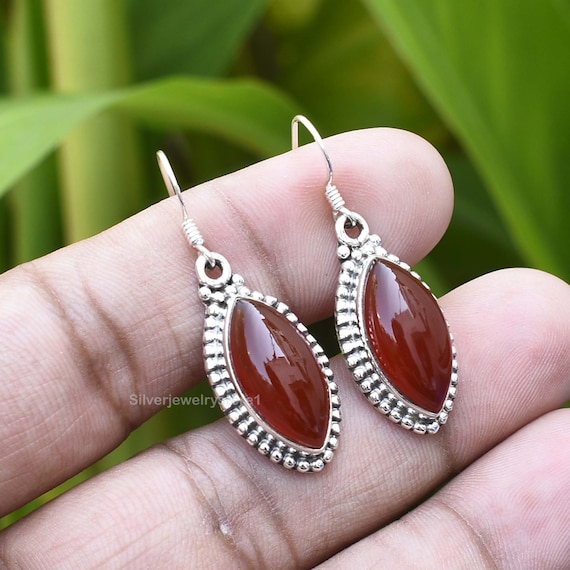 Natural Red Onyx Earrings 925 Solid Sterling Silver Earrings