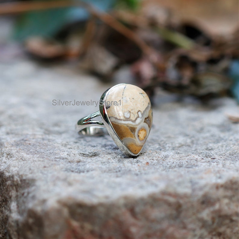 Boho Jewelry 925 Sterling Silver Ring Handmade Ring Mookaite 13x23mm Pear Gemstone Ring Natural Braciated Mookaite Ring Size 8 US