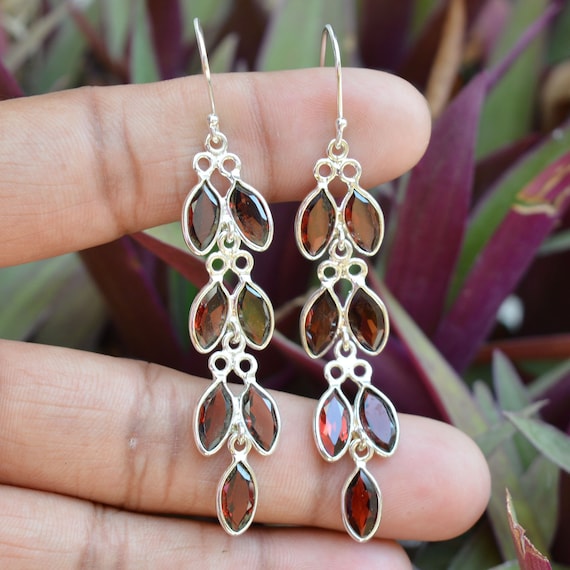 Natural Garnet Earrings 925 Sterling Silver Garnet 5x10 Mm
