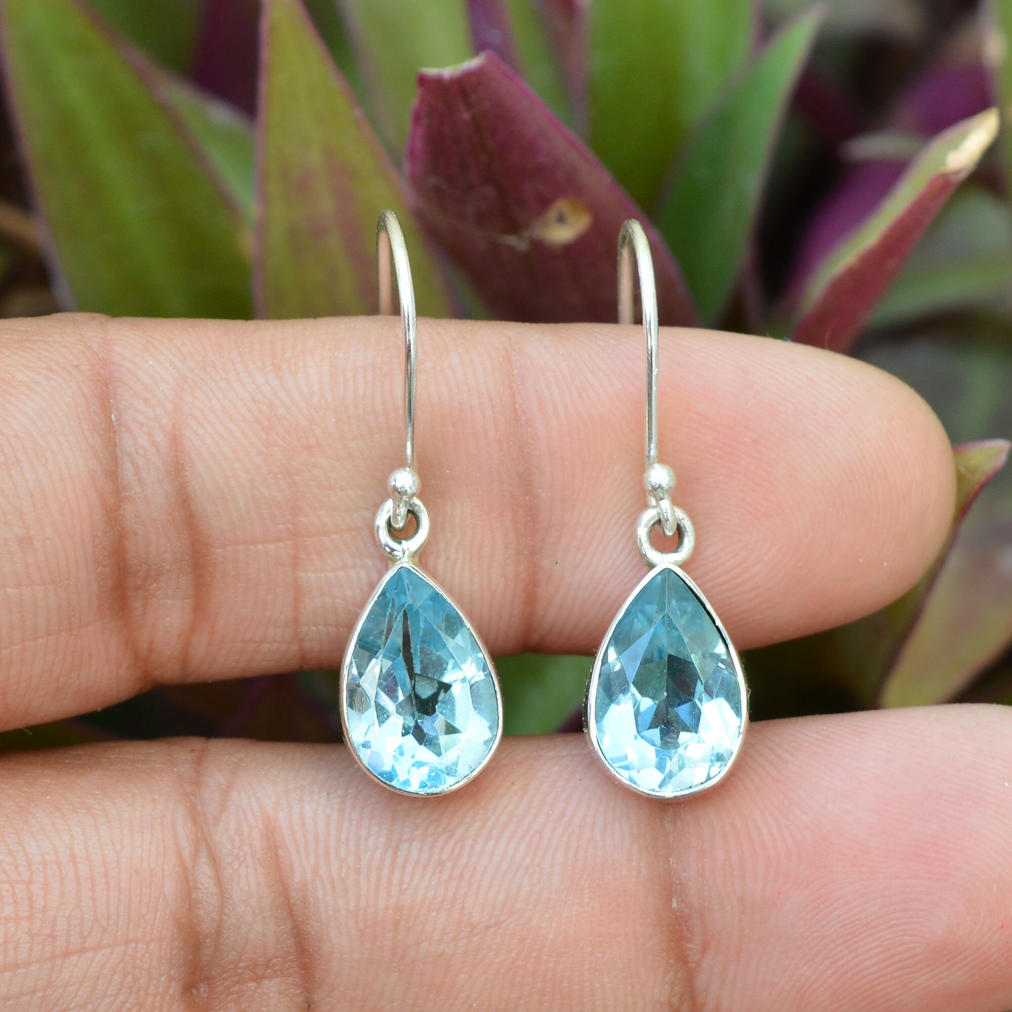 Blue Topaz Sterling Silver Earrings: Pear Gemstone, 8x12mm