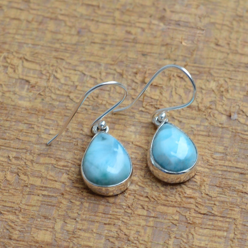 Silver Earrings Boho Earrings Gift Larimar Earrings Larimar 10x14mm Pear Shape Earrings 925 Sterling Silver Earrings Handmade Earrings
