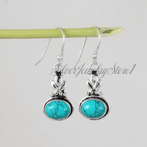 Handmade Turquoise Earrings: 925 Sterling Silver Boho Oval Dangle
