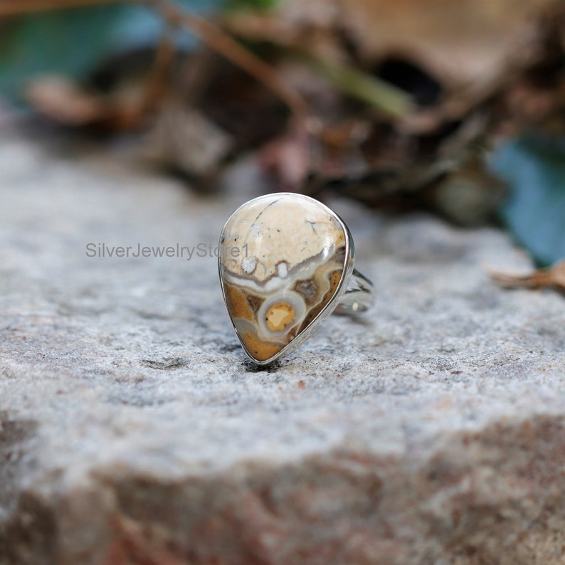Boho Jewelry 925 Sterling Silver Ring Handmade Ring Mookaite 13x23mm Pear Gemstone Ring Natural Braciated Mookaite Ring Size 8 US