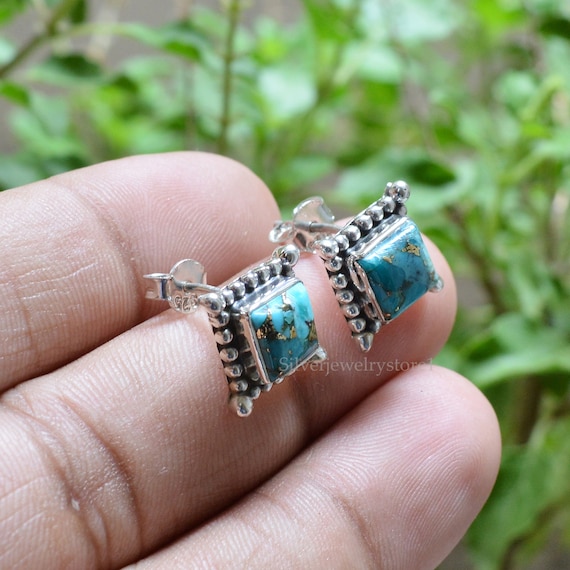 Turquoise Stud Earrings, 925 Sterling Silver Earrings, Blue