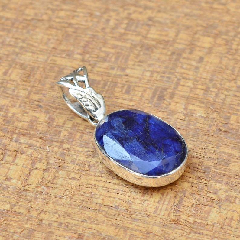 Blue Sapphire Pendant, Sterling Silver Pendant, Synthetic Sapphire 18x25mm Oval Faceted Gemstone Pendant, Silver Pendant, Handmade Pendant image 2