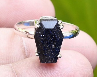 Coffin Blue Sunstone Ring: Handmade Sterling Silver, 8x12mm