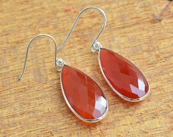 Sterling Silver Earrings, Red Onyx Earrings, Bezel Earrings, Red Onyx 12x26mm Pear Faceted Gemstone Earrings, Silver Earrings, Bezel Setting