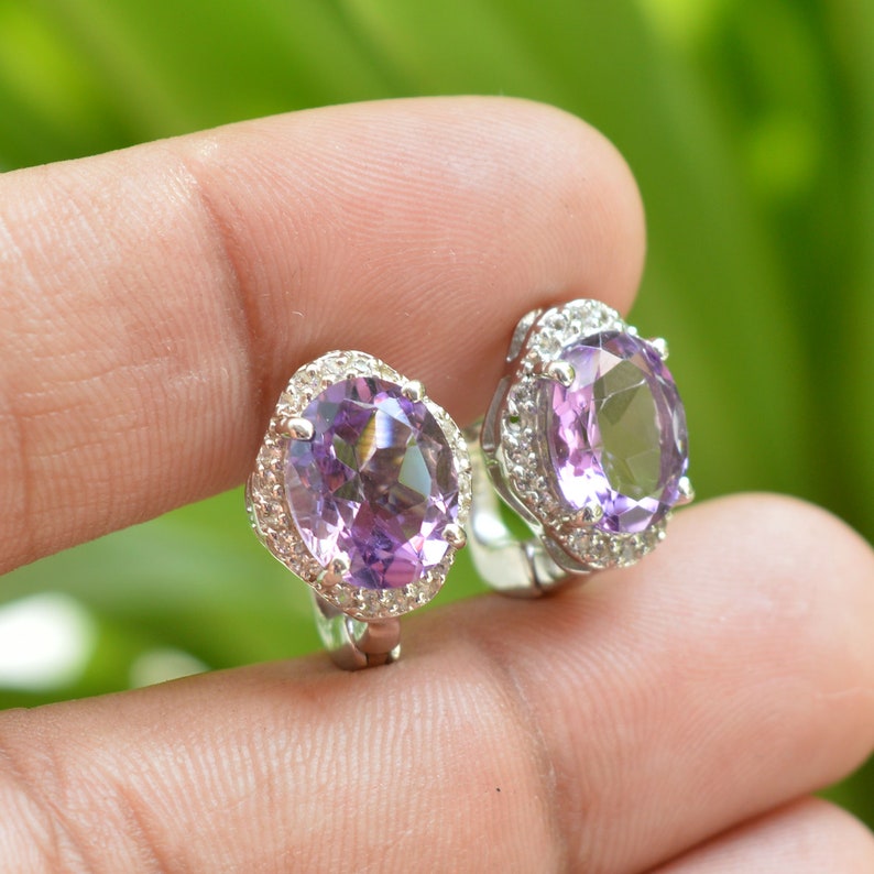 7x9mm Oval Cut Earrings White Topaz Earrings Amethyst Latch Back Earrings 925 Silver Earrings Amethyst Earrings Amethyst Stud Earrings