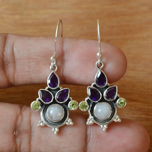 Moonstone Earrings, Multi Stone Earrings, 6x6mm Round Moonstone Earrings, Handmade Earrings, Gemstone Earrings, Amethyst Dangle Earrings