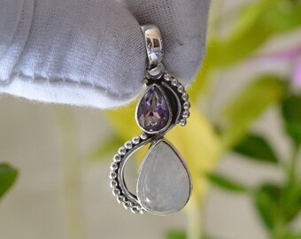 Rainbow Moonstone Pendant, 925 Sterling Silver Pendant, Moonstone And Amethyst Pendant, Handmade Pendant, Beautiful Pendant, Women Pendant