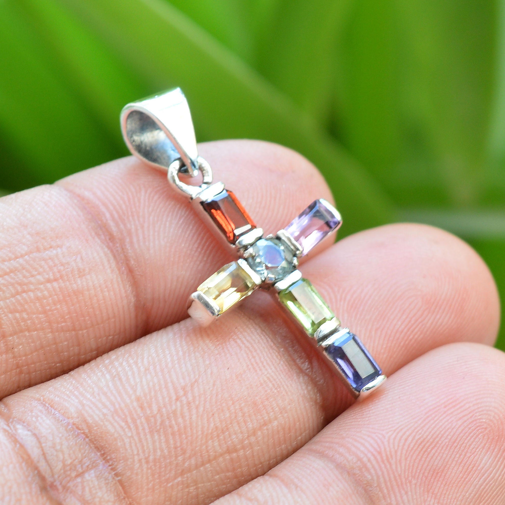 Large Colored Stone Bezel Cross Necklace - The M Jewelers