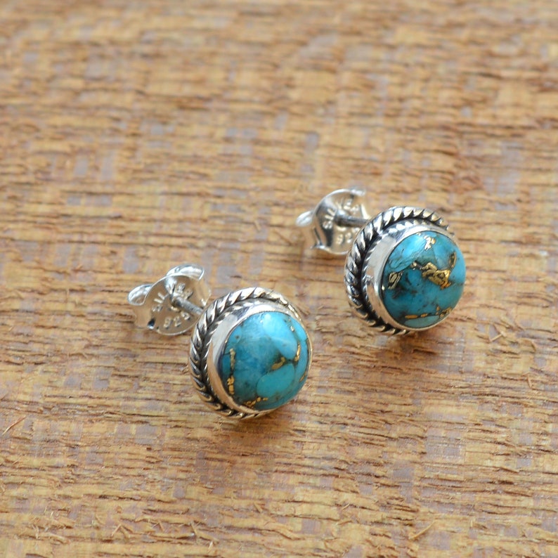 Turquoise Stud Earrings Sterling Silver Earrings Blue Copper - Etsy