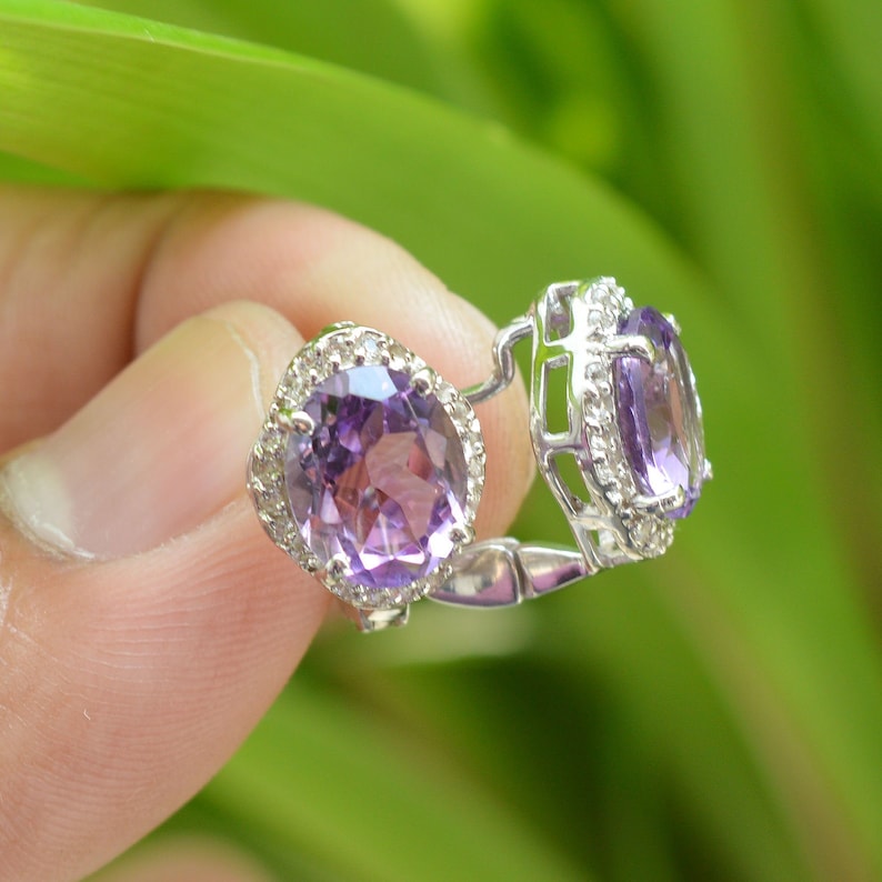 7x9mm Oval Cut Earrings White Topaz Earrings Amethyst Latch Back Earrings 925 Silver Earrings Amethyst Earrings Amethyst Stud Earrings