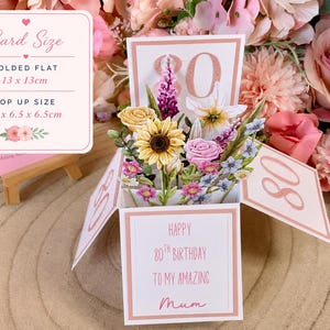 Handmade 80th Birthday Pop-Up Flower Card: Personalised Mum, Grandma, Auntie image 3