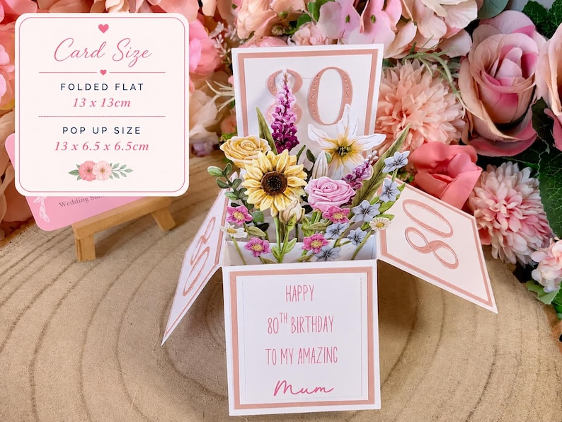 Handmade 80th Birthday Pop-Up Flower Card: Personalised Mum, Grandma, Auntie image 3