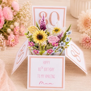 Handmade 80th Birthday Pop-Up Flower Card: Personalised Mum, Grandma, Auntie
