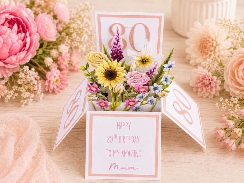 Handmade 80th Birthday Pop-Up Flower Card: Personalised Mum, Grandma, Auntie image 1