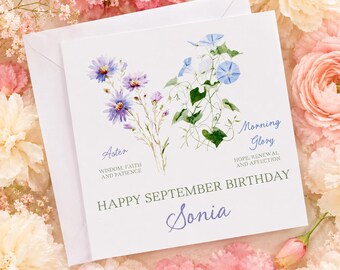 Personalised September Birth Flower Card | Aster, Morning Glory Birthday Greeting