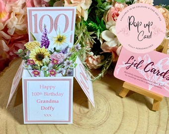 Personalised 100th Birthday Pop Up Flower Card: Handmade Mum/Friend/Grandma/Nan Gift