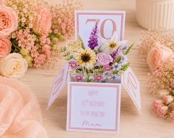 Personalised 70th Birthday Pop Up Flower Card: Handmade Mum/Friend/Grandma/Nan Gift