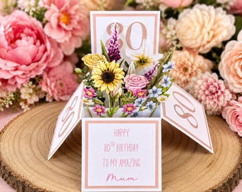 Handmade 80th Birthday Pop-Up Flower Card: Personalised Mum, Grandma, Auntie