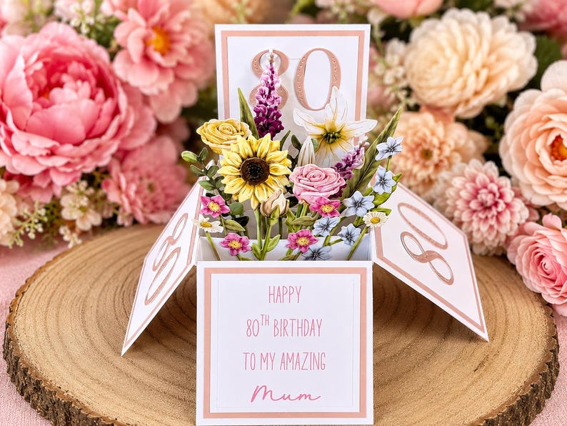Handmade 80th Birthday Pop-Up Flower Card: Personalised Mum, Grandma, Auntie image 2