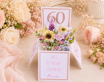 Personalised 60th Birthday Pop Up Flower Card for Mum,Auntie, Grandma, Nan, Friend