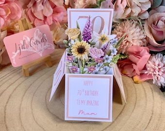 Personalised 70th Birthday Pop Up Flower Card: Handmade Mum/Friend/Grandma/Nan Gift