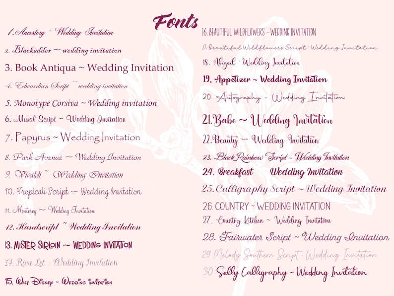 ljd cards list of 30 available fonts for personalised wording