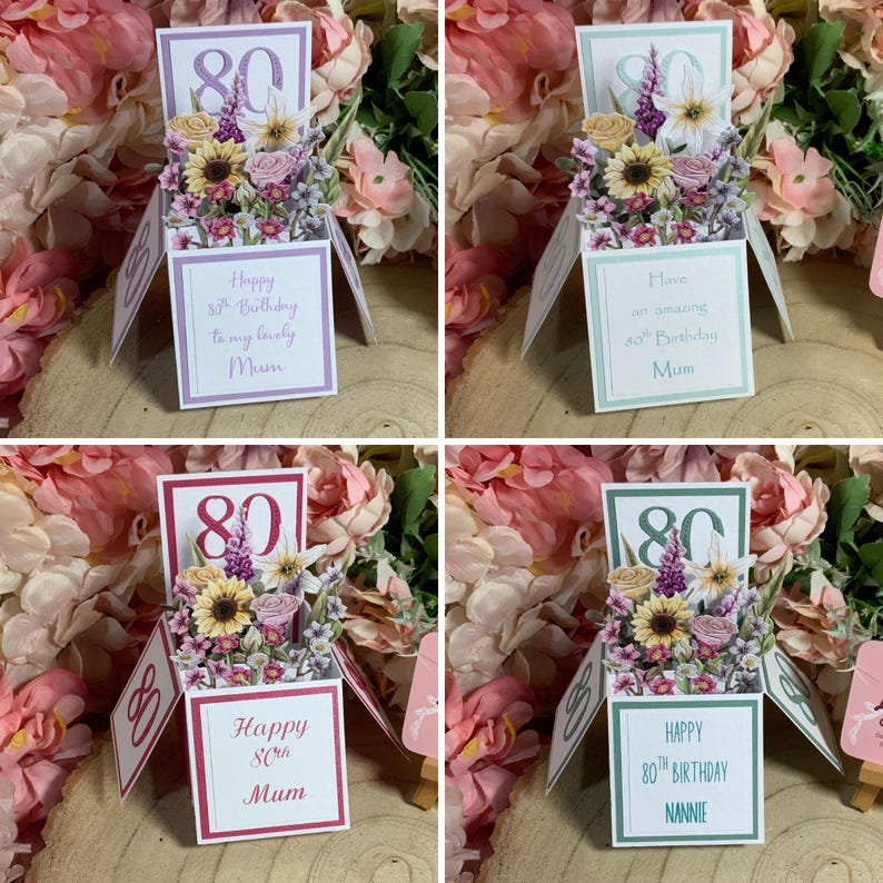 Handmade 80th Birthday Pop-Up Flower Card: Personalised Mum, Grandma, Auntie image 9