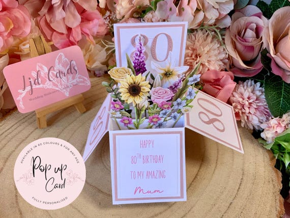 Handmade 80th Birthday Pop-Up Flower Card: Personalised Mum, Grandma, Auntie