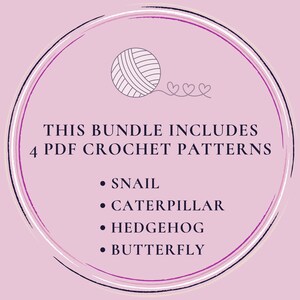 snail crochet pattern, caterpillar crochet pattern, hedgehog crochet pattern, butterfly crochet pattern