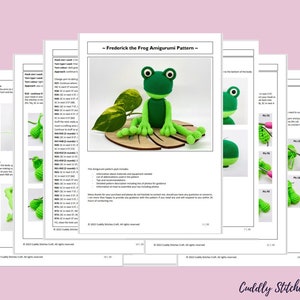 May include: A crochet amigurumi pattern for making a green frog named Frederick. The pattern includes instructions, photos, and materials needed. The pattern is by Cuddly Stitches Craft.