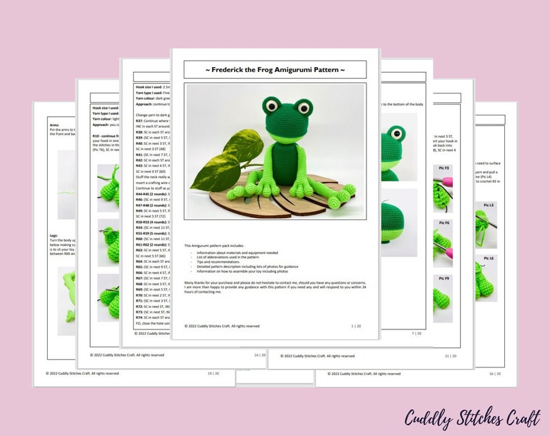 May include: A crochet amigurumi pattern for making a green frog named Frederick. The pattern includes instructions, photos, and materials needed. The pattern is by Cuddly Stitches Craft.