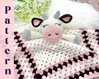 Easy cow lovey crochet pattern, crochet cow snuggler pattern, crochet cow security blanket pattern, crochet cow comforter pattern
