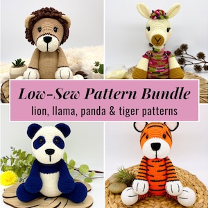 May include: A set of four crochet animal patterns, including a lion, llama, panda, and tiger. The patterns are low-sew, making them easy to create. The animals are all sitting on a wooden surface.