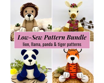 LOW-SEW Crochet Animal Bundle - crochet lion pattern, crochet llama pattern, crochet panda pattern, crochet tiger pattern