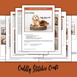 May include: Dusty the Dog Amigurumi pattern crochet pattern by Cuddly Stitches Craft. The pattern includes instructions for making a cute dog amigurumi with brown fur, a yellow collar, and black spots. The pattern is available as a digital download.