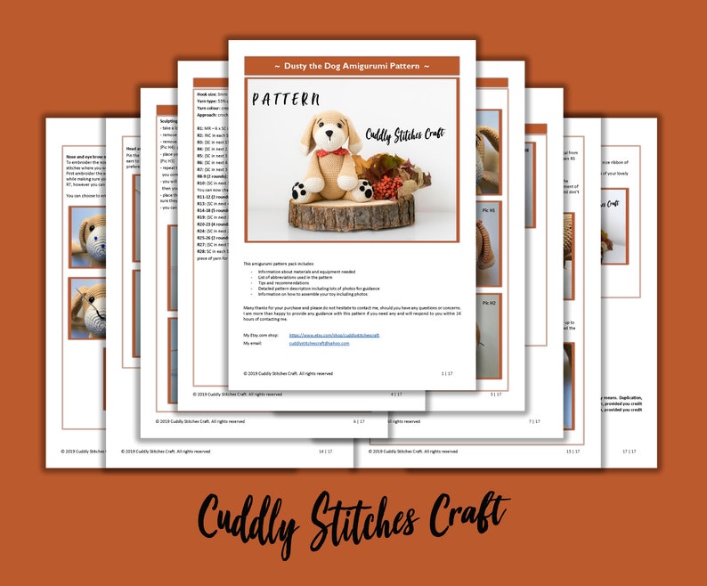 May include: Dusty the Dog Amigurumi pattern crochet pattern by Cuddly Stitches Craft. The pattern includes instructions for making a cute dog amigurumi with brown fur, a yellow collar, and black spots. The pattern is available as a digital download.