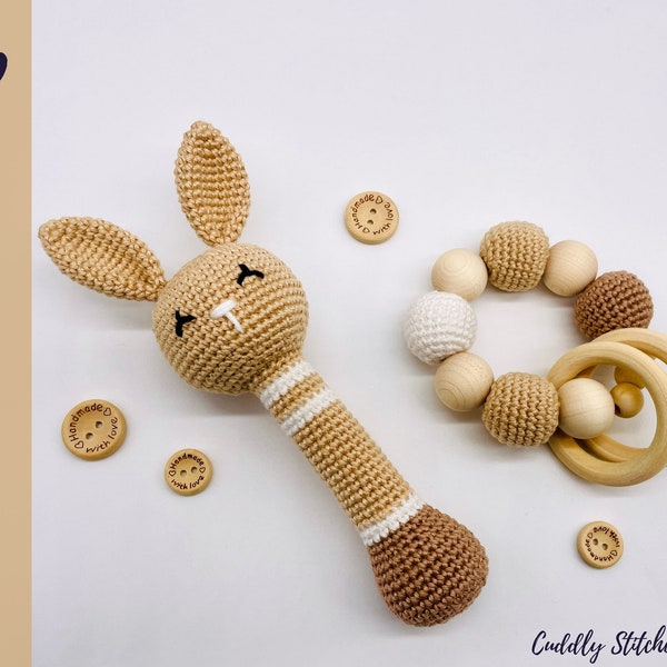 Crochet bunny rattle pattern, crochet baby rattle, crochet wooden rattle, Amigurumi bunny pattern