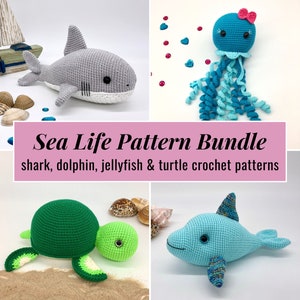 4 Sea life patterns bundle - shark crochet pattern, jellyfish crochet pattern, turtle crochet pattern, dolphin crochet pattern