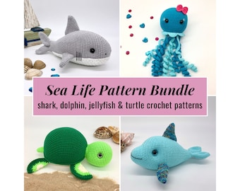 May include: Crochet patterns for a shark, dolphin, jellyfish, and turtle. The patterns are for crocheting stuffed animals. The image shows the finished crocheted animals.