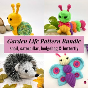 snail crochet pattern, caterpillar crochet pattern, hedgehog crochet pattern, butterfly crochet pattern