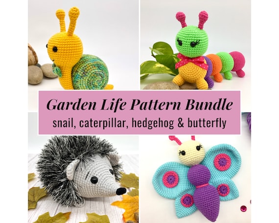 4 Garden life patterns bundle - snail crochet pattern, caterpillar crochet pattern, hedgehog crochet pattern, butterfly crochet pattern