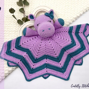 Crochet hippo lovey pattern, crochet lovey blanket, crochet security blanket image 1