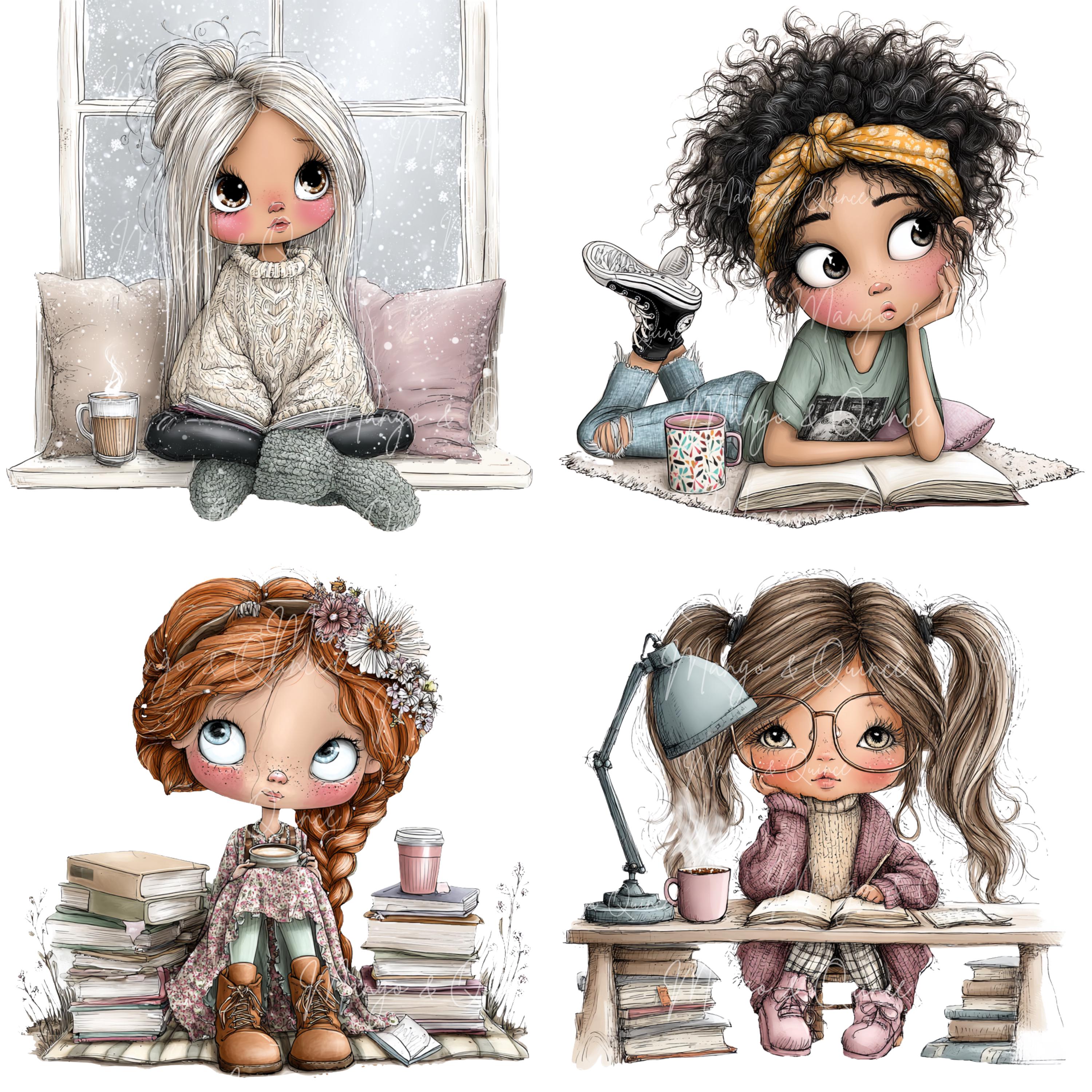 Bookish Girl Clipart 30 PNG, Reading Girl Graphics, Book Lover Coffee ...