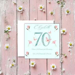 Personalised 70th Female Birthday Card, Butterflies & Flowers, 6" Square, Handmade on Premium Linen Card