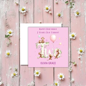 Personalised Baby Girl 2nd Birthday Card, Monkeys & Balloons , 6" Square, Handmade on Premium Linen Card