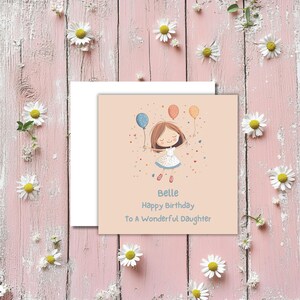 Personalisierte Geburtstagskarte für Tochter, Luftballons, 15,2 cm quadratisch, handgefertigt auf Premium Leinenkarte